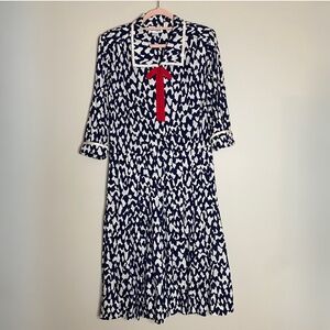 VINTAGE 60s HELGA Navy White Wavy Print Bow Detail Long Sleeve Shirt Dress